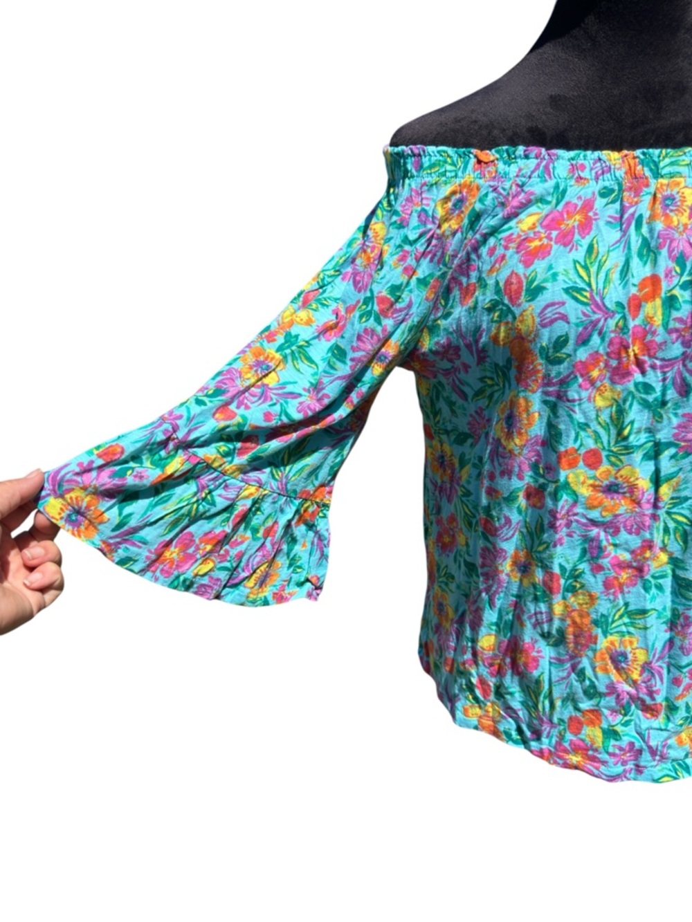 Stella Parker Teal Floral Off the Shoulder Cotton Blouse Ruffle Sleeve Large - Picture 5 of 9
